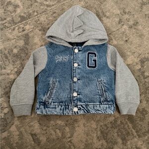 GAP Two-Tone Denim-Look Hooded Jacket in Blue and Gray
